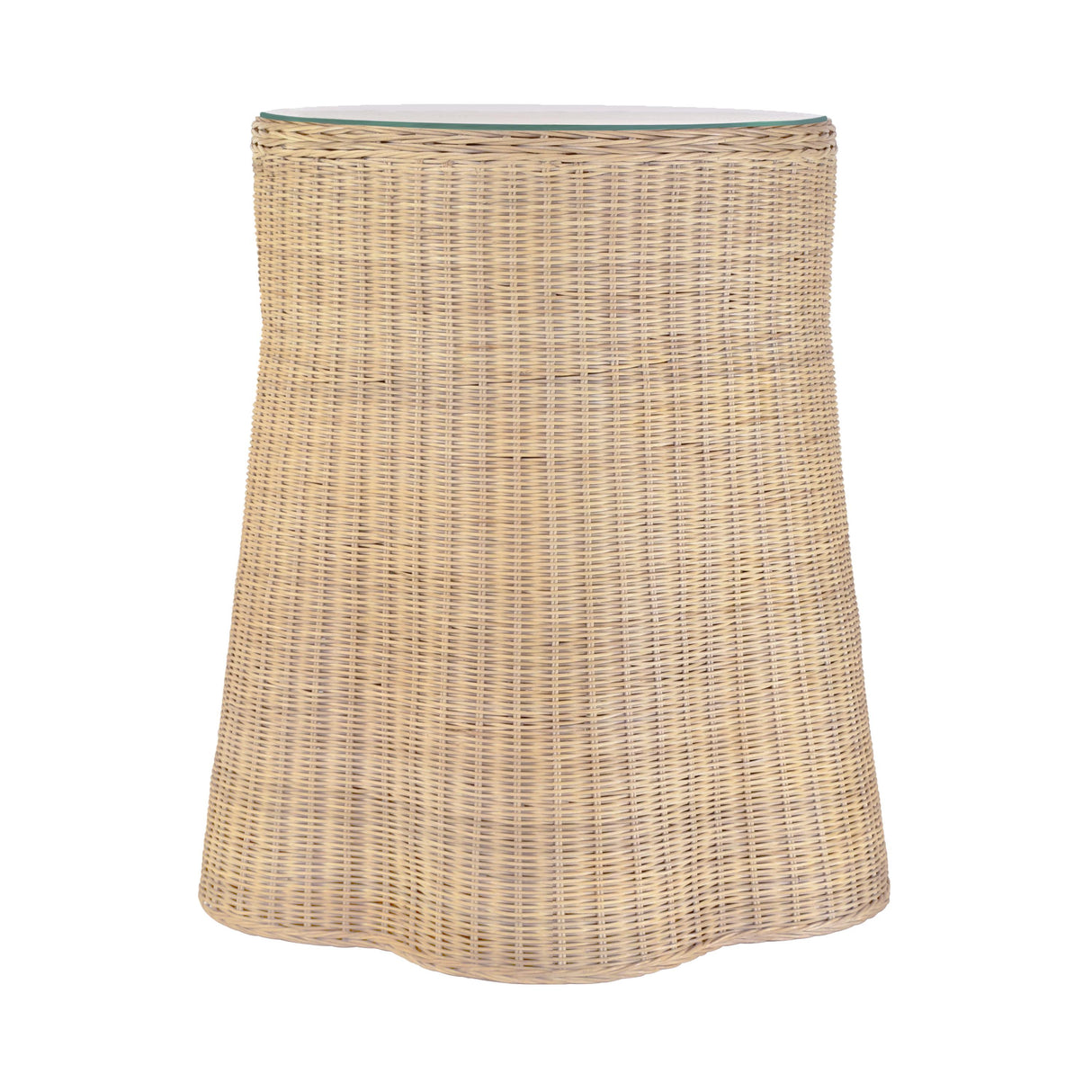 Worlds Away One Drawer Round Side Table With Flared Scalloped Base In Rattan With Glass Top