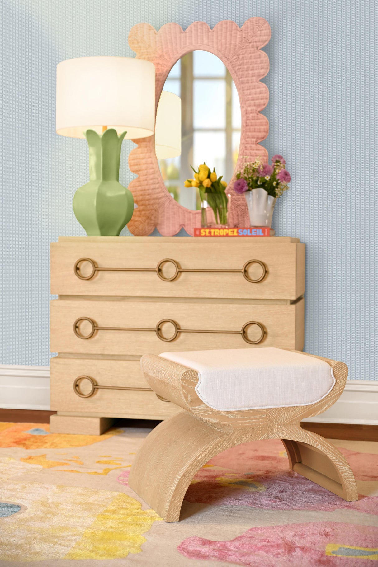 Worlds Away Curved Base Stool With White Linen Cushion In Cerused Oak