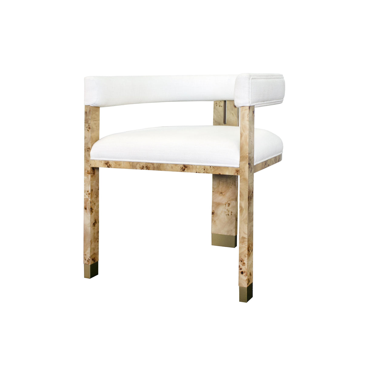 Worlds Away Modern Chair In Burl Wood With White Linen Upholstery