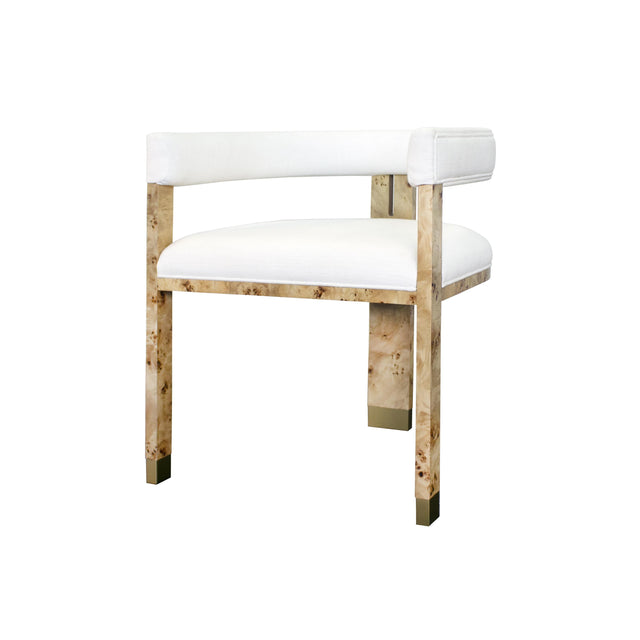 Worlds Away Modern Chair In Burl Wood With White Linen Upholstery