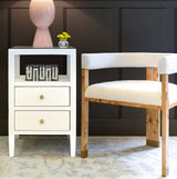 Worlds Away Modern Chair In Burl Wood With White Linen Upholstery