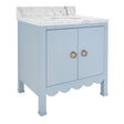 Worlds Away Bath Vanity With Scallop Detail In Matte Light Blue With White Marble Top And Porcelain Sink
