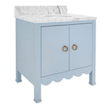Worlds Away Bath Vanity With Scallop Detail In Matte Light Blue With White Marble Top And Porcelain Sink