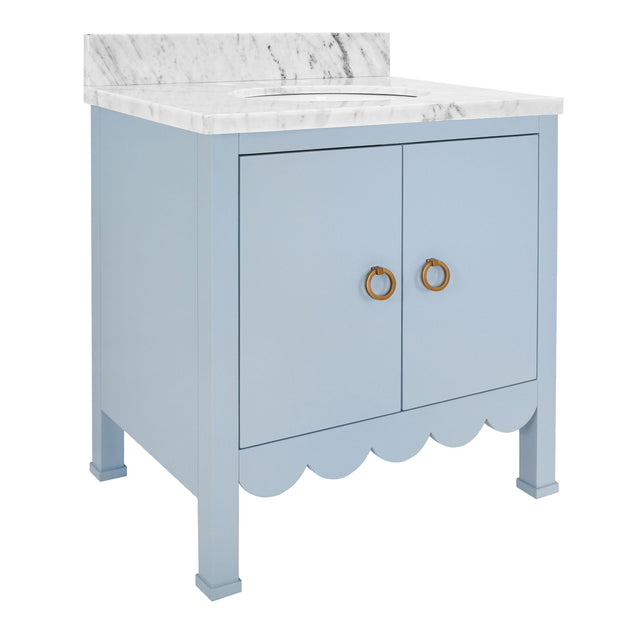 Worlds Away Bath Vanity With Scallop Detail In Matte Light Blue With White Marble Top And Porcelain Sink