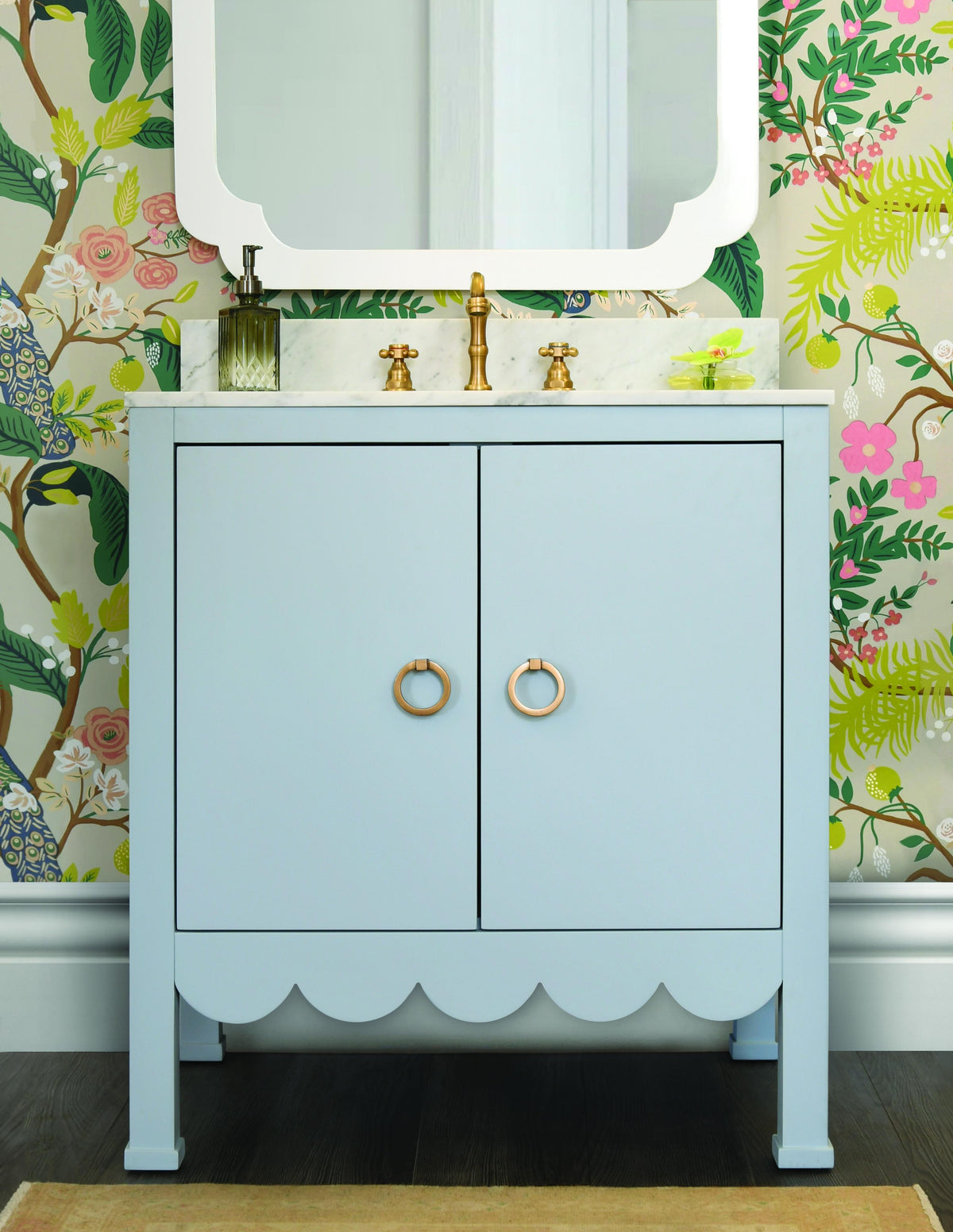 Worlds Away Bath Vanity With Scallop Detail In Matte Light Blue With White Marble Top And Porcelain Sink