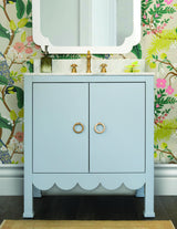 Worlds Away Bath Vanity With Scallop Detail In Matte Light Blue With White Marble Top And Porcelain Sink