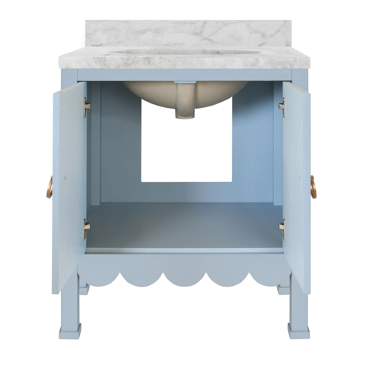 Worlds Away Bath Vanity With Scallop Detail In Matte Light Blue With White Marble Top And Porcelain Sink