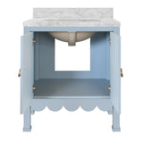 Worlds Away Bath Vanity With Scallop Detail In Matte Light Blue With White Marble Top And Porcelain Sink