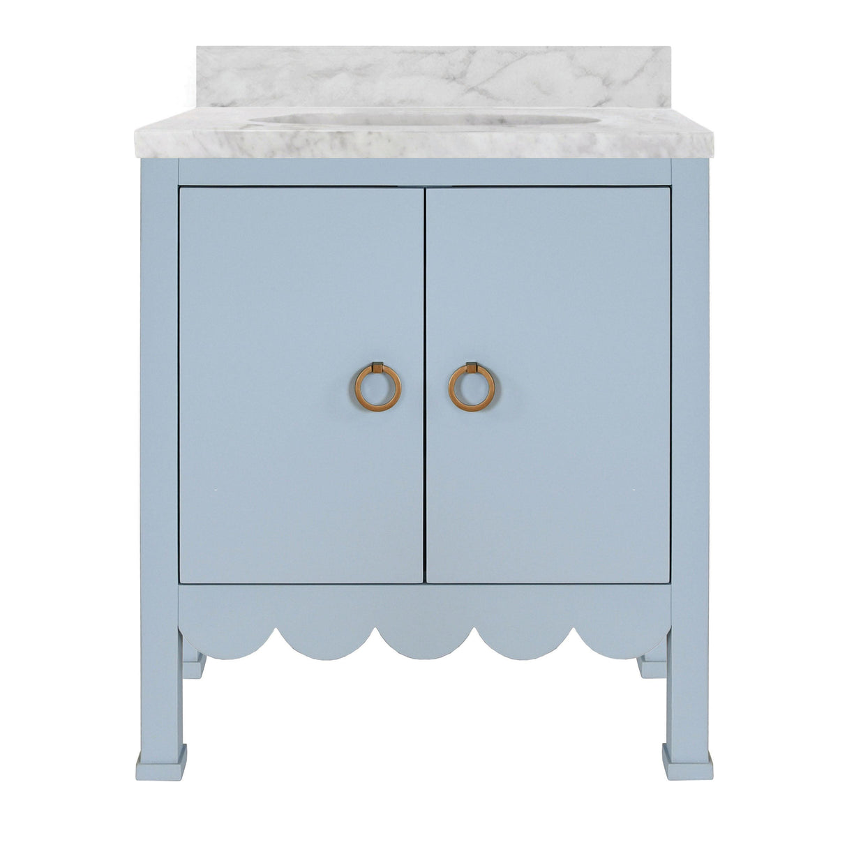 Worlds Away Bath Vanity With Scallop Detail In Matte Light Blue With White Marble Top And Porcelain Sink