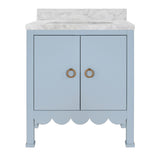 Worlds Away Bath Vanity With Scallop Detail In Matte Light Blue With White Marble Top And Porcelain Sink
