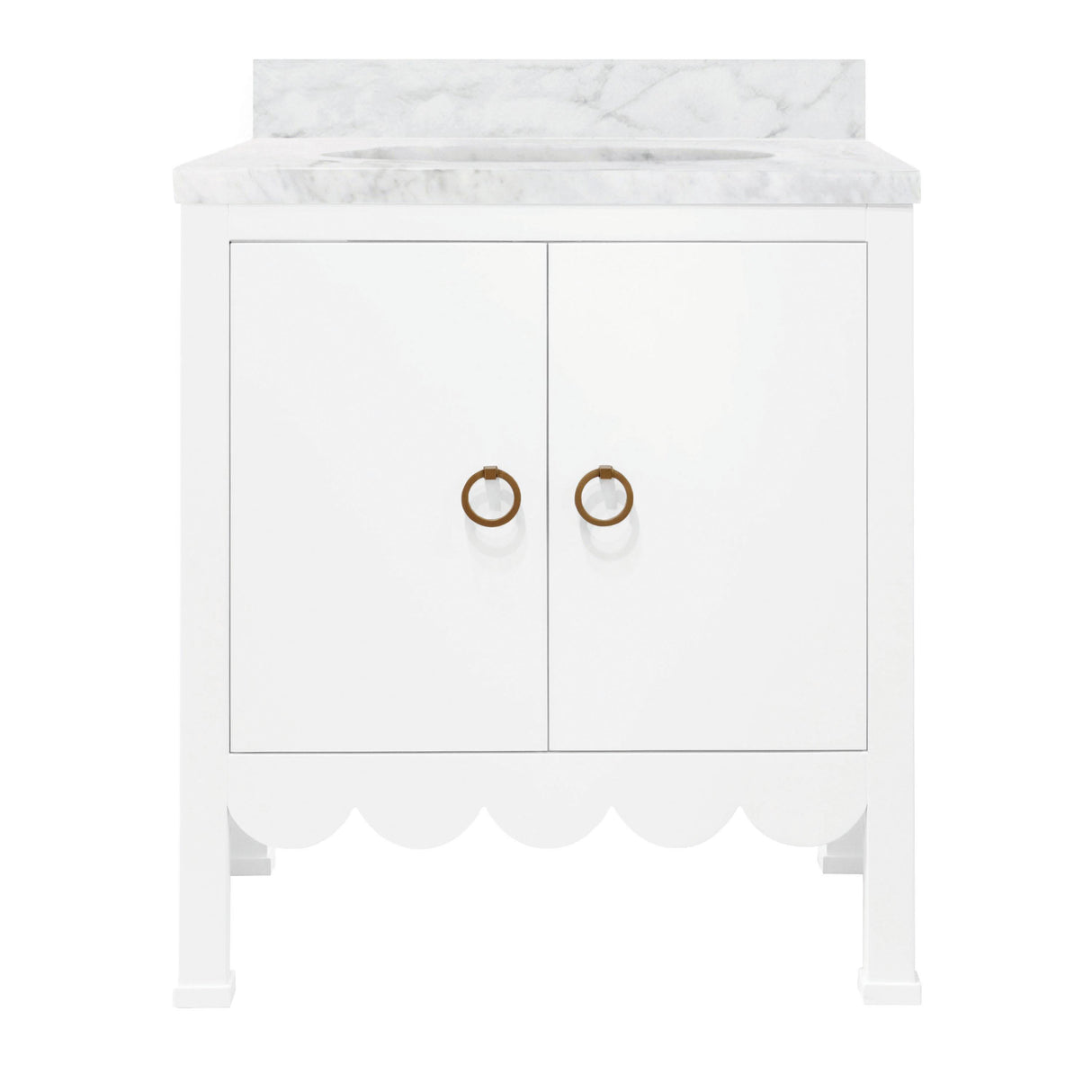 Worlds Away Bath Vanity With Scallop Detail In Matte White Lacquer With White Marble Top And Porcelain Sink