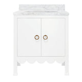 Worlds Away Bath Vanity With Scallop Detail In Matte White Lacquer With White Marble Top And Porcelain Sink