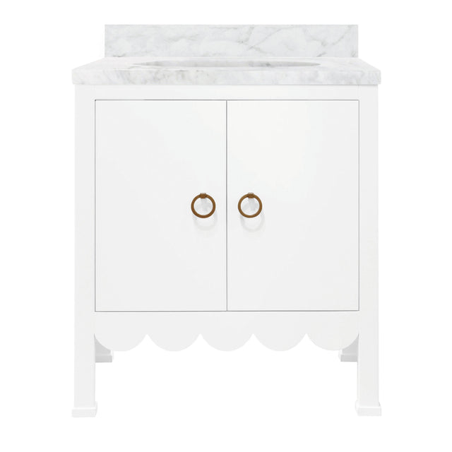 Worlds Away Bath Vanity With Scallop Detail In Matte White Lacquer With White Marble Top And Porcelain Sink