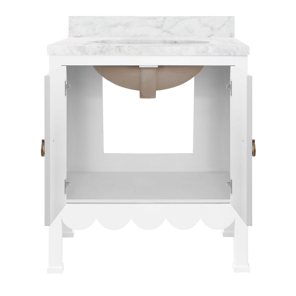 Worlds Away Bath Vanity With Scallop Detail In Matte White Lacquer With White Marble Top And Porcelain Sink