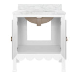 Worlds Away Bath Vanity With Scallop Detail In Matte White Lacquer With White Marble Top And Porcelain Sink
