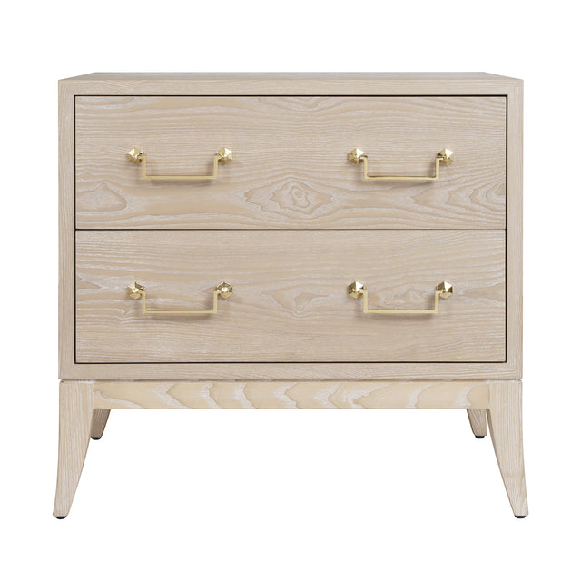 Worlds Away Sabre Leg 2 Drawer Side Table With Brass Swing Handle In Cerused Oak