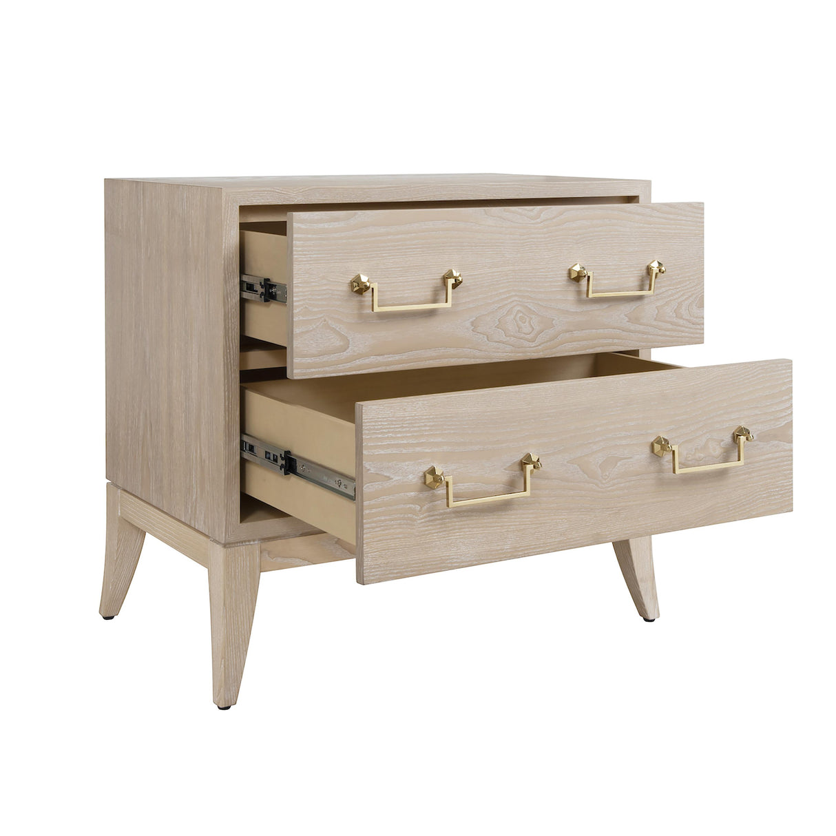 Worlds Away Sabre Leg 2 Drawer Side Table With Brass Swing Handle In Cerused Oak