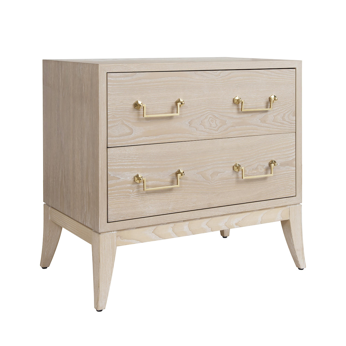 Worlds Away Sabre Leg 2 Drawer Side Table With Brass Swing Handle In Cerused Oak