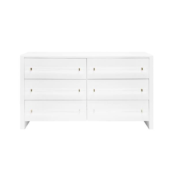 Worlds Away Six Drawer Chest W. Acrylic Harware In White Lacquer