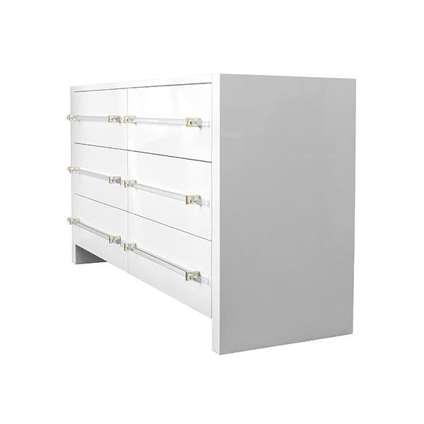 Worlds Away Six Drawer Chest W. Acrylic Harware In White Lacquer