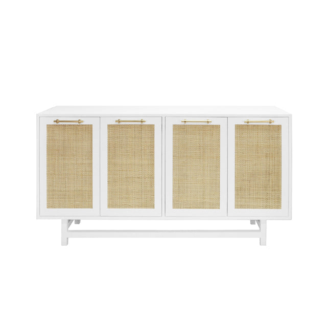 Worlds Away Four Door Cabinet With Cane Door Fronts And Brass Hardware In Matte White Lacquer