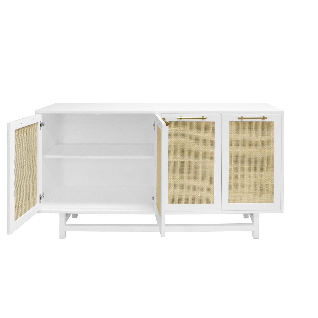 Worlds Away Four Door Cabinet With Cane Door Fronts And Brass Hardware In Matte White Lacquer