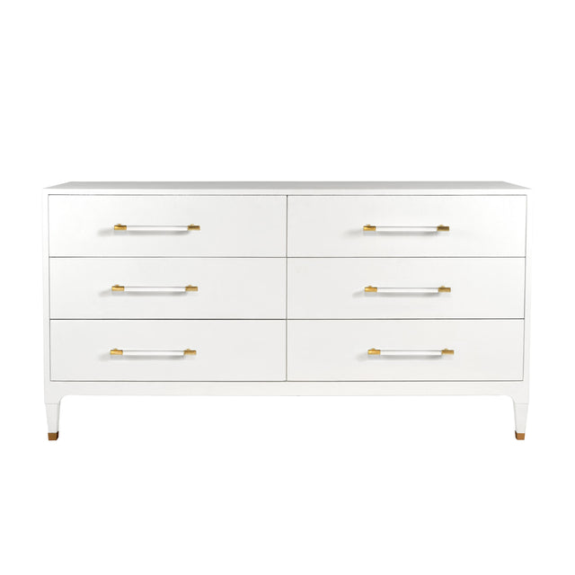Worlds Away Six Drawer Chest In Textured White Linen With Antique Brass And Acrylic Hardware