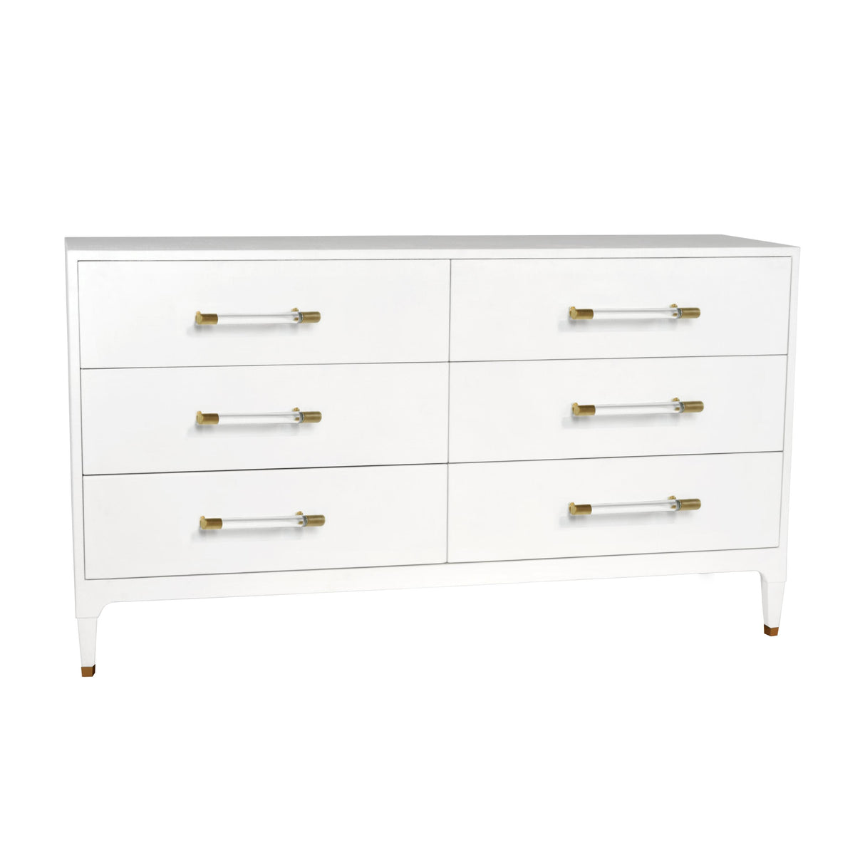 Worlds Away Six Drawer Chest In Textured White Linen With Antique Brass And Acrylic Hardware