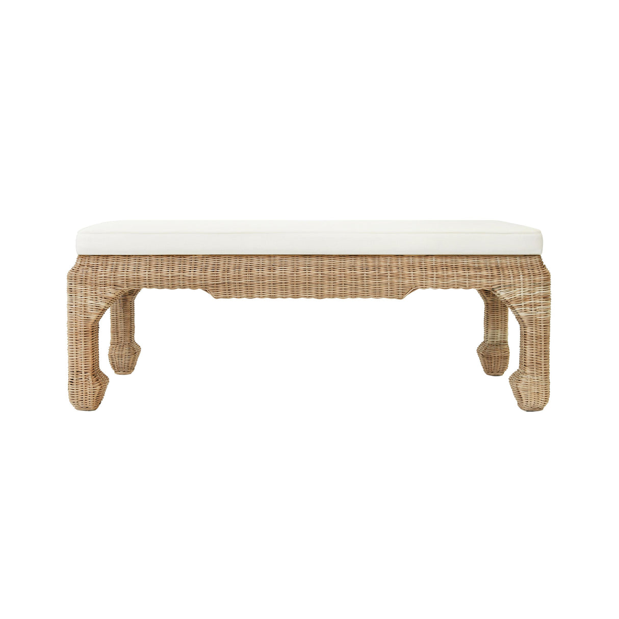 Worlds Away Ming Style Bench In Woven Rattan With Ivory Linen Cushion