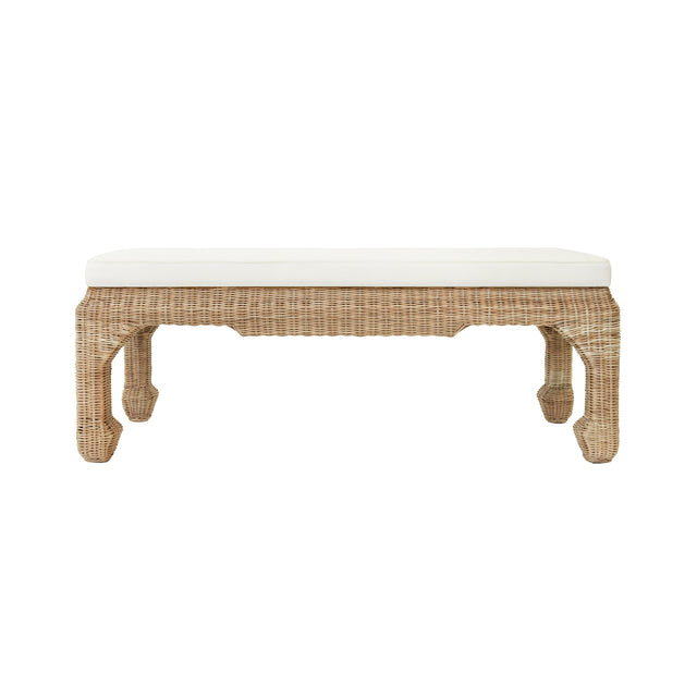 Worlds Away Ming Style Bench In Woven Rattan With Ivory Linen Cushion