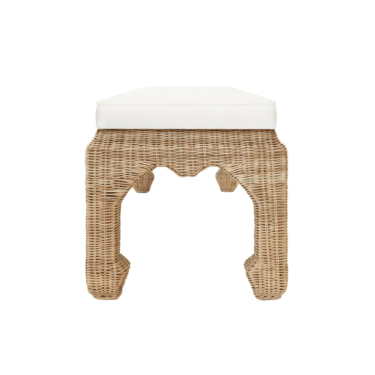 Worlds Away Ming Style Bench In Woven Rattan With Ivory Linen Cushion
