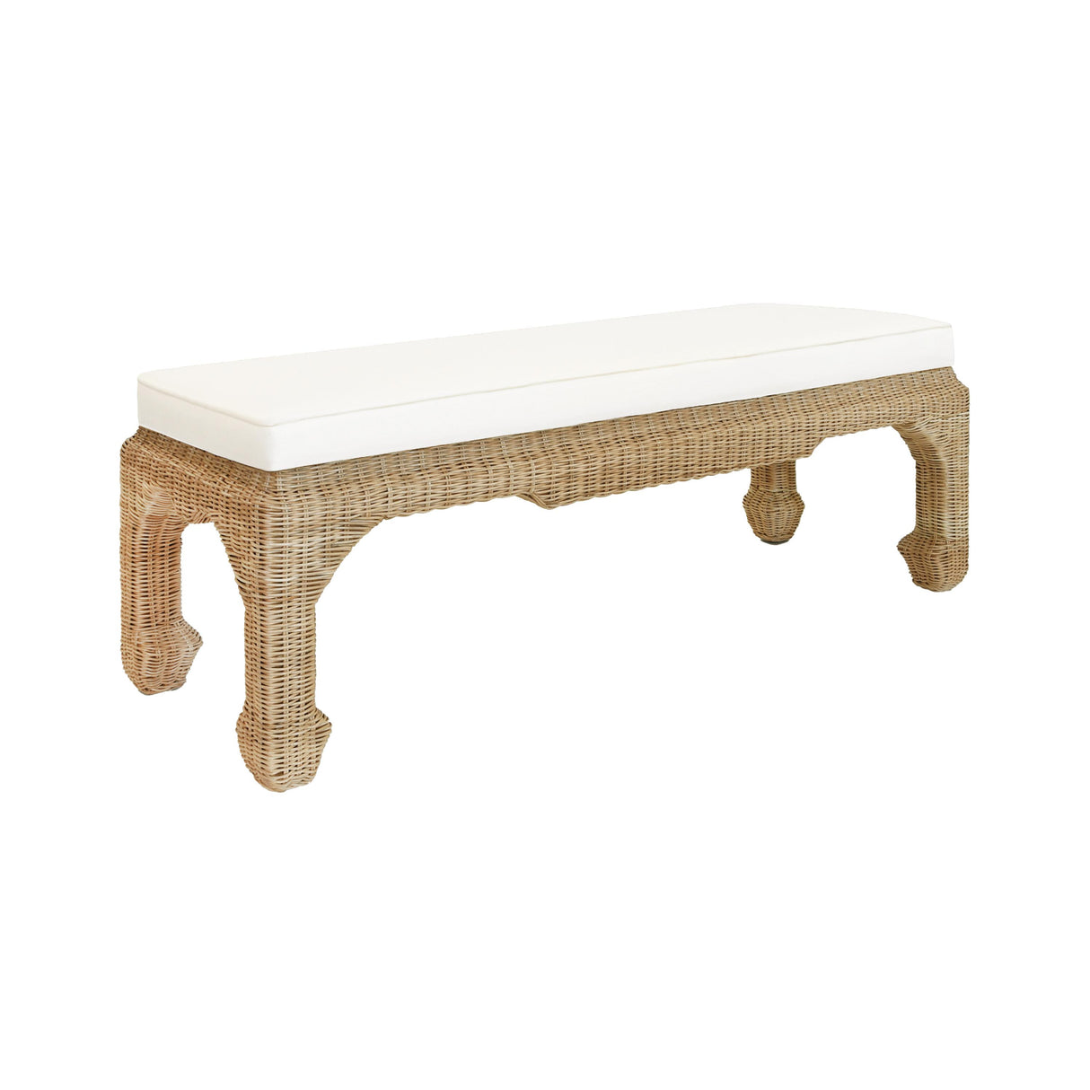 Worlds Away Ming Style Bench In Woven Rattan With Ivory Linen Cushion