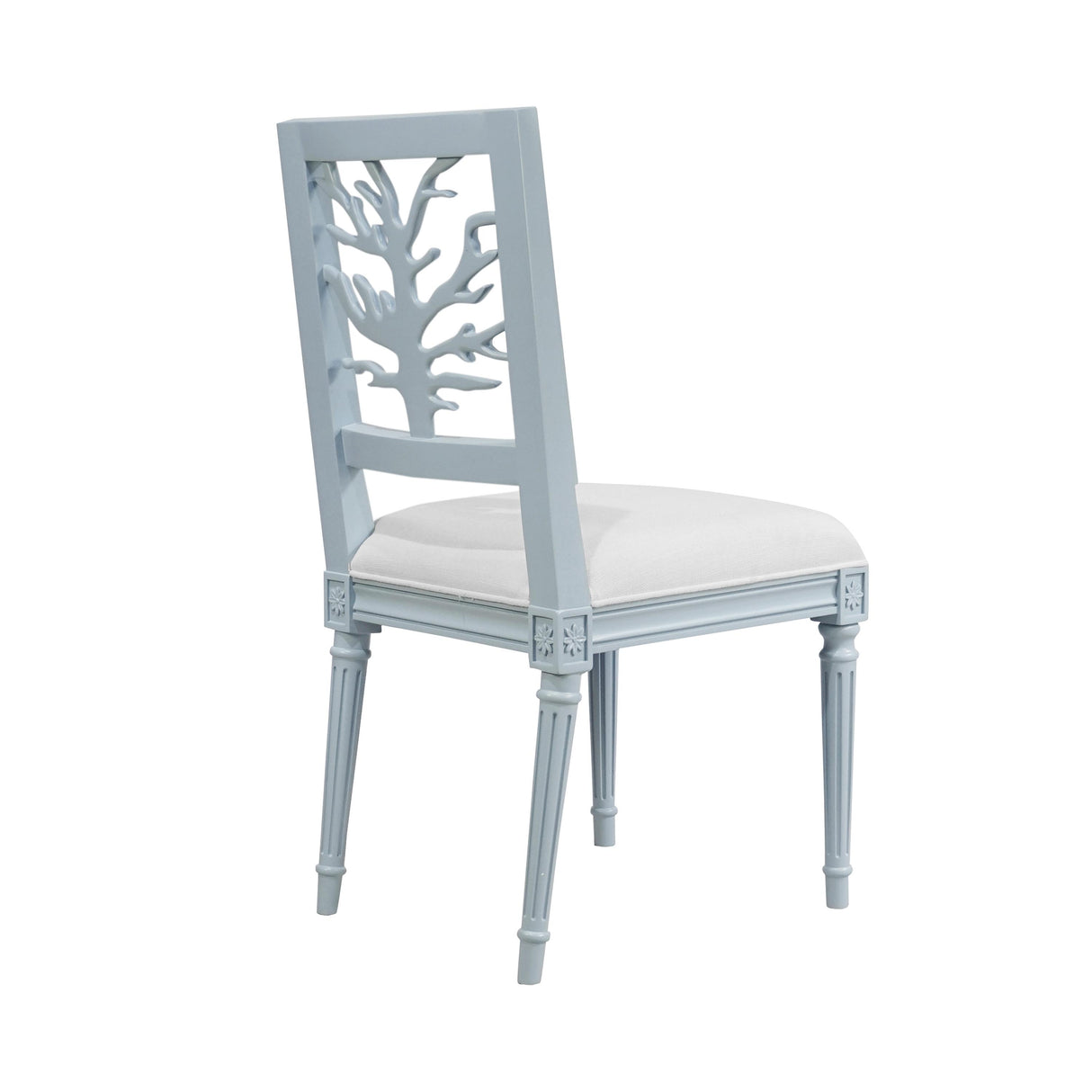 Worlds Away Coral Motif Back Dining Chair With White Linen Seat In Matte Light Blue Lacquer