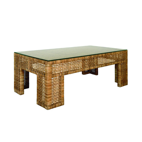 Worlds Away Wide Leg Rectangular Rattan Coffee Table With Glass Top