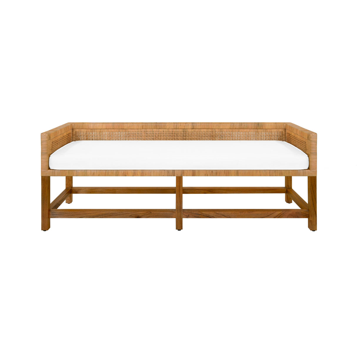 Worlds Away Cane Bench With Low Seat Back And Ivory Linen Cushion