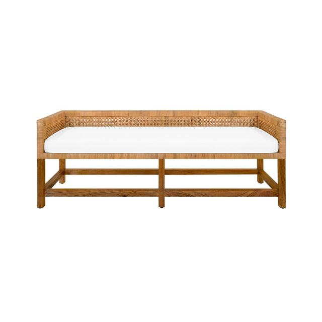 Worlds Away Cane Bench With Low Seat Back And Ivory Linen Cushion