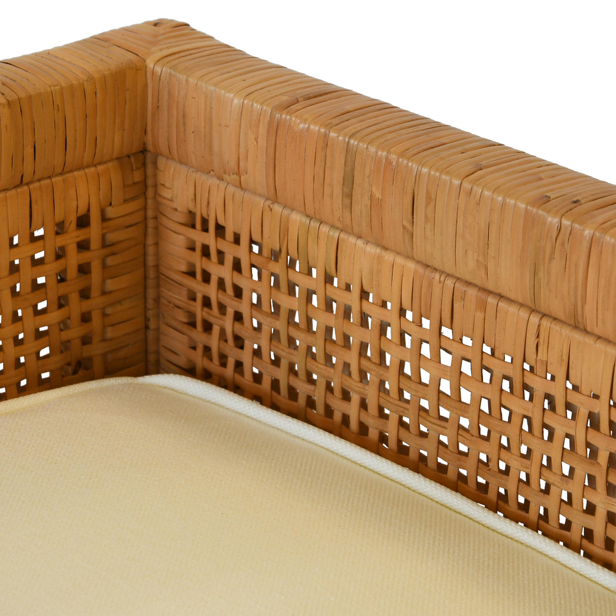 Worlds Away Cane Bench With Low Seat Back And Ivory Linen Cushion