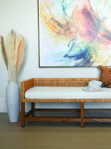 Worlds Away Cane Bench With Low Seat Back And Ivory Linen Cushion