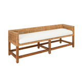 Worlds Away Cane Bench With Low Seat Back And Ivory Linen Cushion