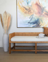 Worlds Away Cane Bench With Low Seat Back And Ivory Linen Cushion
