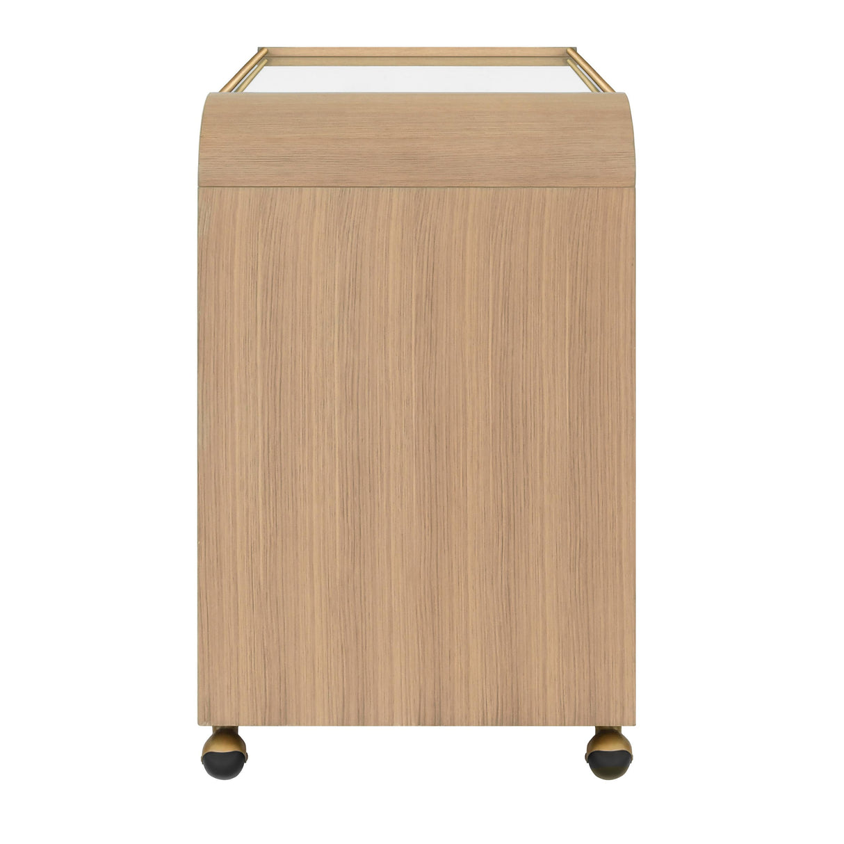 Worlds Away Waterfall Edge Bar Cart With Antique Brass Rails In Natural Oak