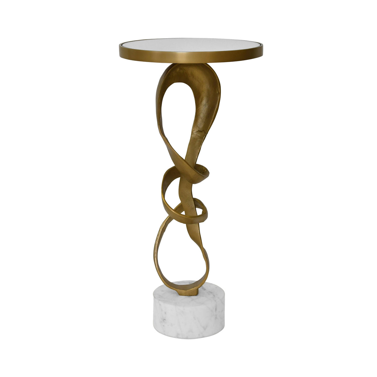 Worlds Away Round Sculptural Loop Base Side Table In Antique Brass With Inset Mirror Top