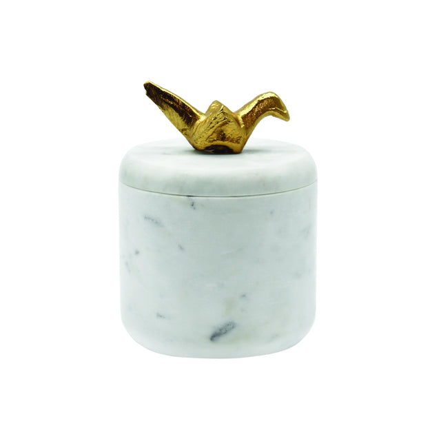 Worlds Away White Marble Container With Brass Origami Bird