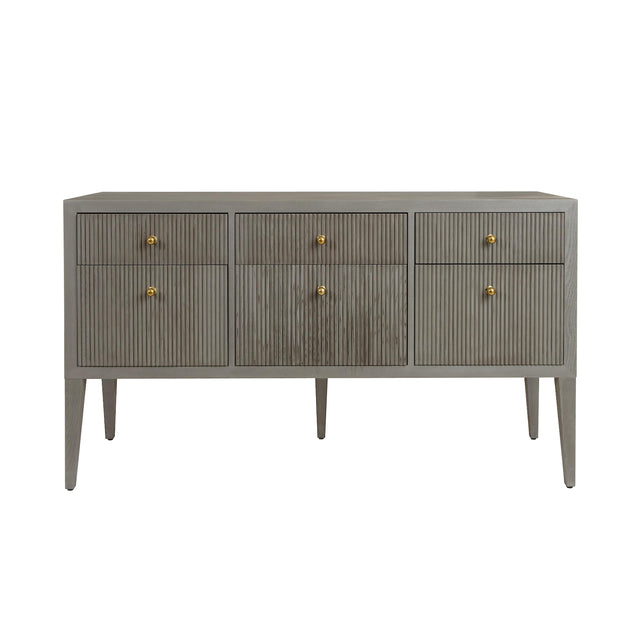 Worlds Away Fluted Six Drawer Buffet With Brass Knobs In Smoke Grey Oak