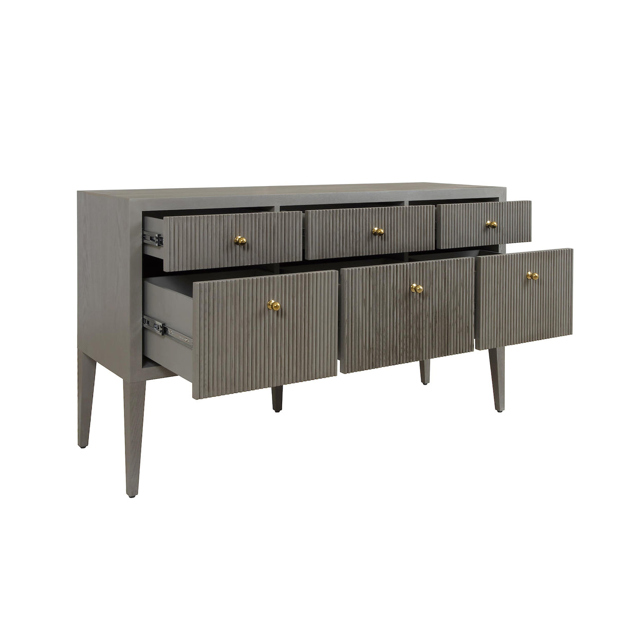 Worlds Away Fluted Six Drawer Buffet With Brass Knobs In Smoke Grey Oak
