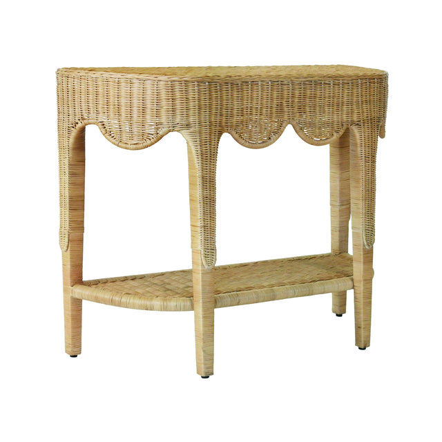 Worlds Away Scalloped Top Demi Lune Console In Woven Rattan With Open Shelf