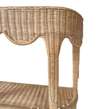 Worlds Away Scalloped Top Demi Lune Console In Woven Rattan With Open Shelf