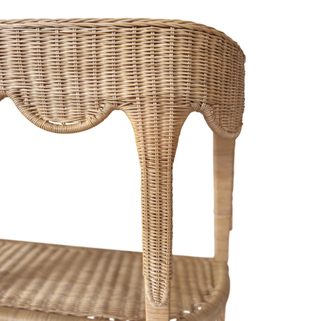 Worlds Away Scalloped Top Demi Lune Console In Woven Rattan With Open Shelf