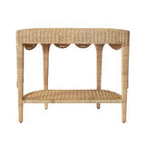 Worlds Away Scalloped Top Demi Lune Console In Woven Rattan With Open Shelf