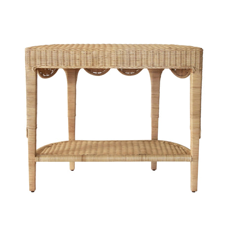 Worlds Away Scalloped Top Demi Lune Console In Woven Rattan With Open Shelf